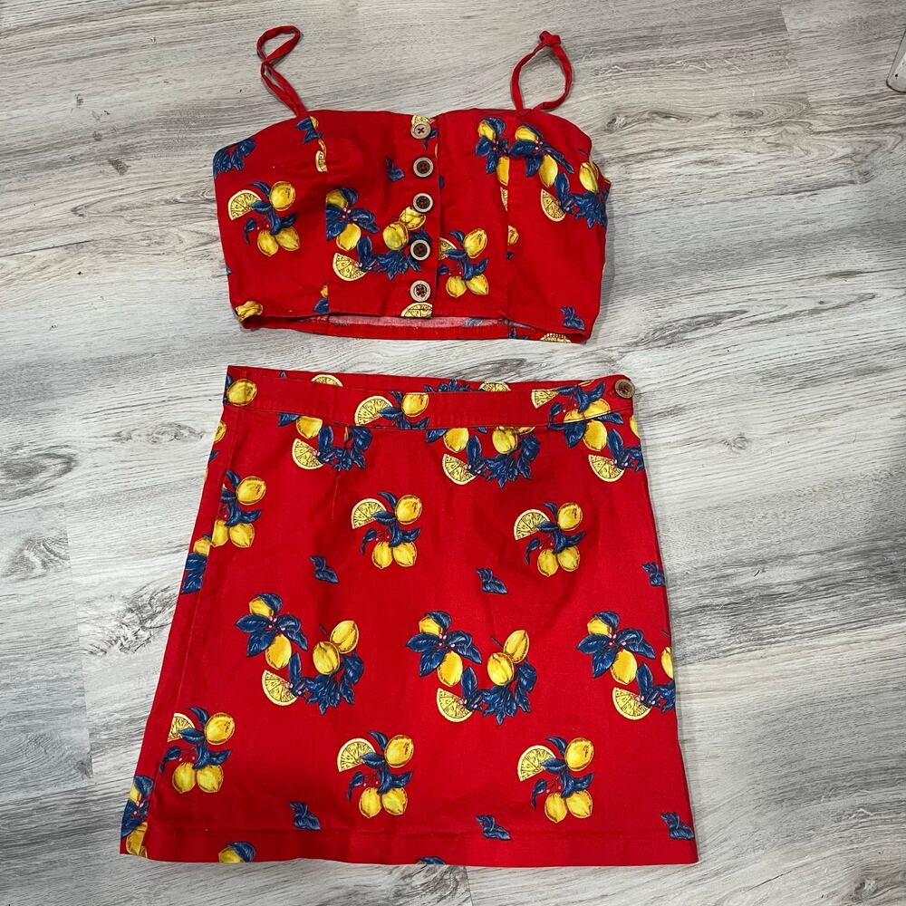 Forever 21 Red Lemon Print 2 Piece Set Pinup Cabana Vacation Retro Small
